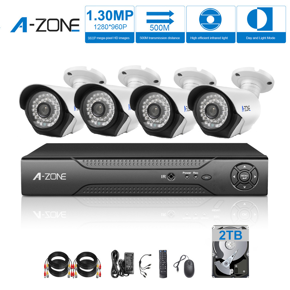 A-ZONE 130万画素タイプ 防犯カメラキット 4ch 防犯 レコーダー(2000GB内蔵) ハイビジョン 防水カメラ HD セキュリティ